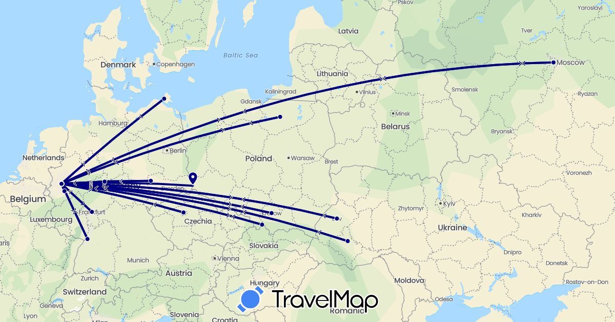 TravelMap itinerary: driving in Czech Republic, Germany, Poland, Russia, Ukraine (Europe)